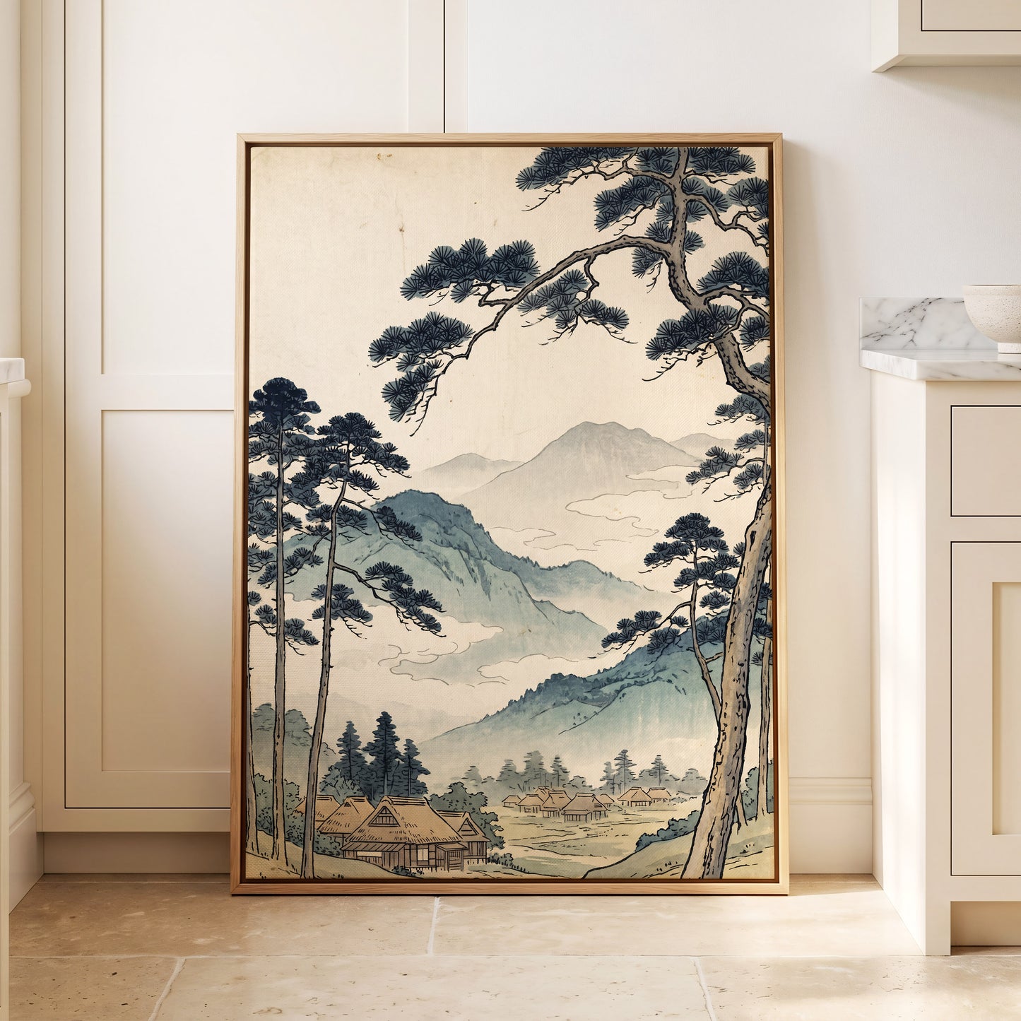Roofs Beneath Blue Ridges, blue, beige, black nature wall art displayed in a styled interior, gallery view 4