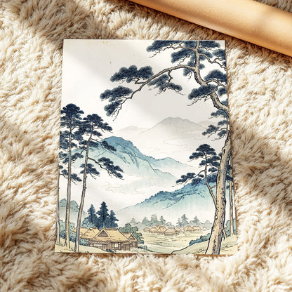 Roofs Beneath Blue Ridges, blue, beige, black nature wall art displayed in a styled interior, gallery view 5