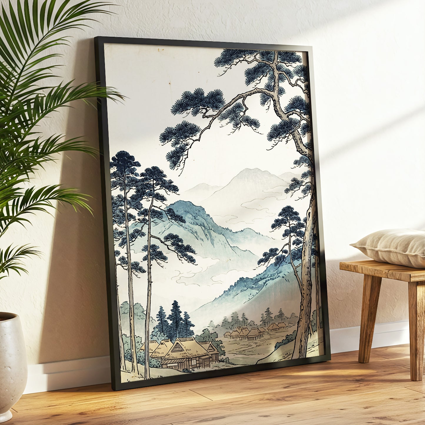 Roofs Beneath Blue Ridges, blue, beige, black nature wall art displayed in a styled interior, gallery view 6