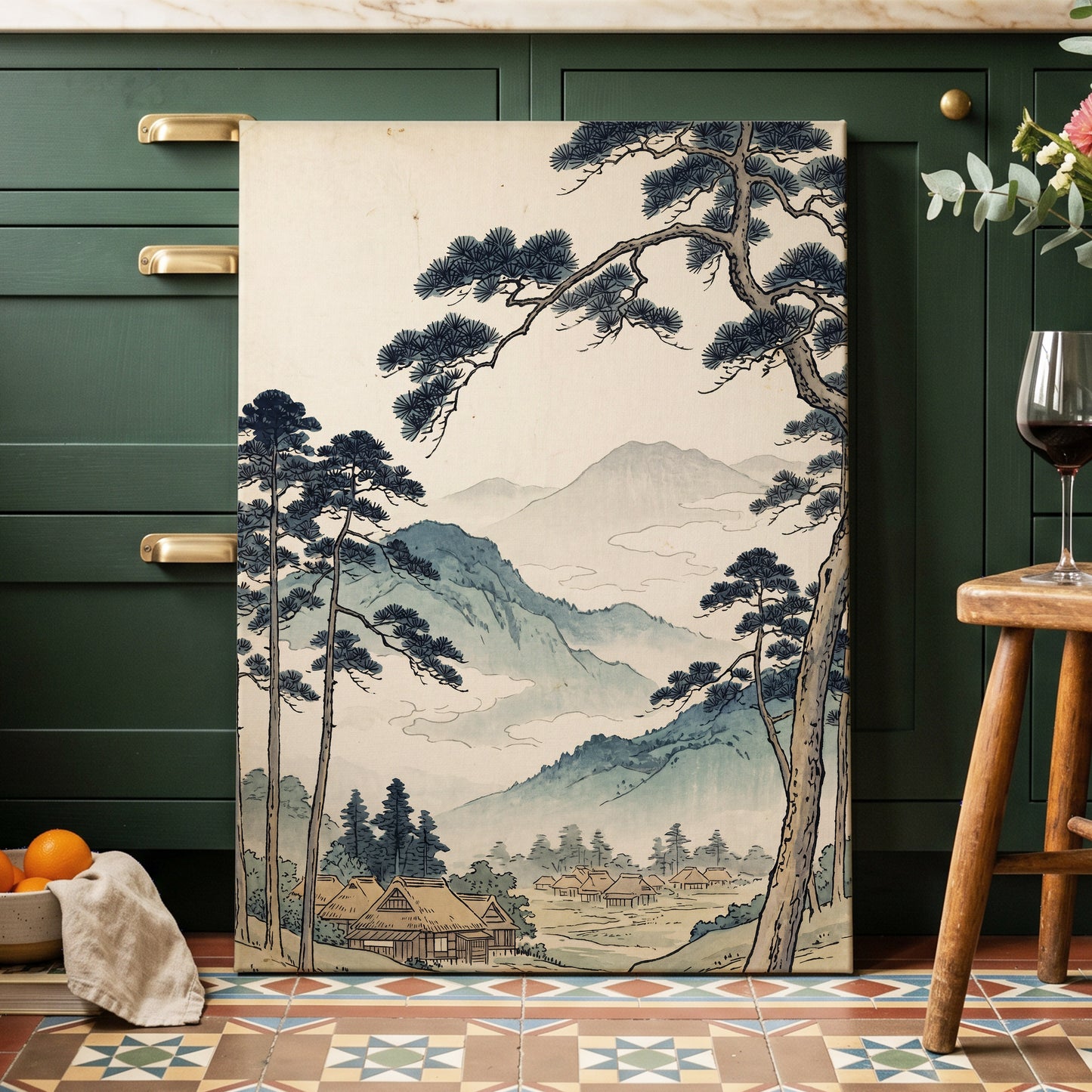 Roofs Beneath Blue Ridges, blue, beige, black nature wall art displayed in a styled interior, gallery view 7