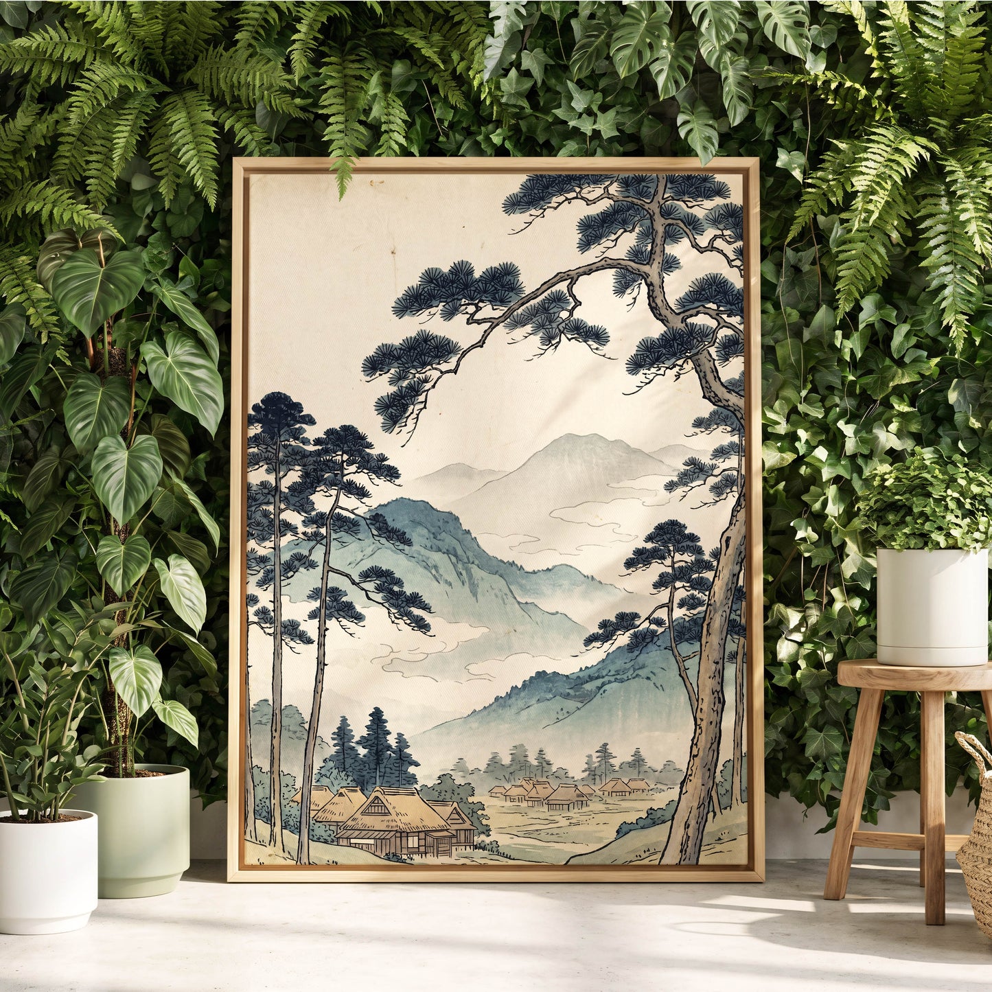 Roofs Beneath Blue Ridges, blue, beige, black nature wall art displayed in a styled interior, gallery view 8