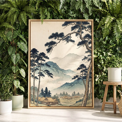 Roofs Beneath Blue Ridges, blue, beige, black nature wall art displayed in a styled interior, gallery view 8