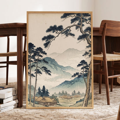 Roofs Beneath Blue Ridges, blue, beige, black nature wall art displayed in a styled interior, gallery view 9