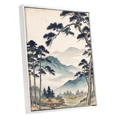 Roofs Beneath Blue Ridges, blue, beige, black nature wall art shown as a white framed canvas wall art