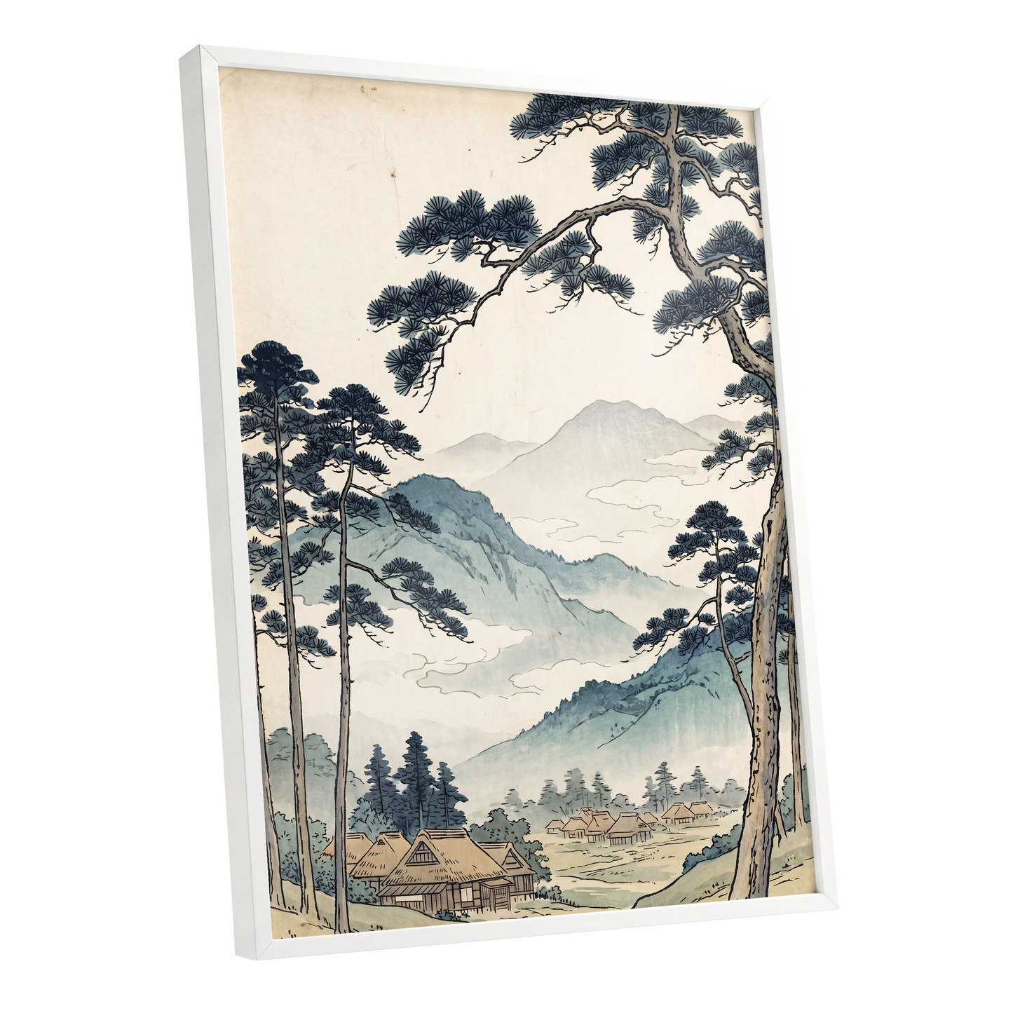 Roofs Beneath Blue Ridges, blue, beige, black nature wall art shown as a white framed poster wall art print