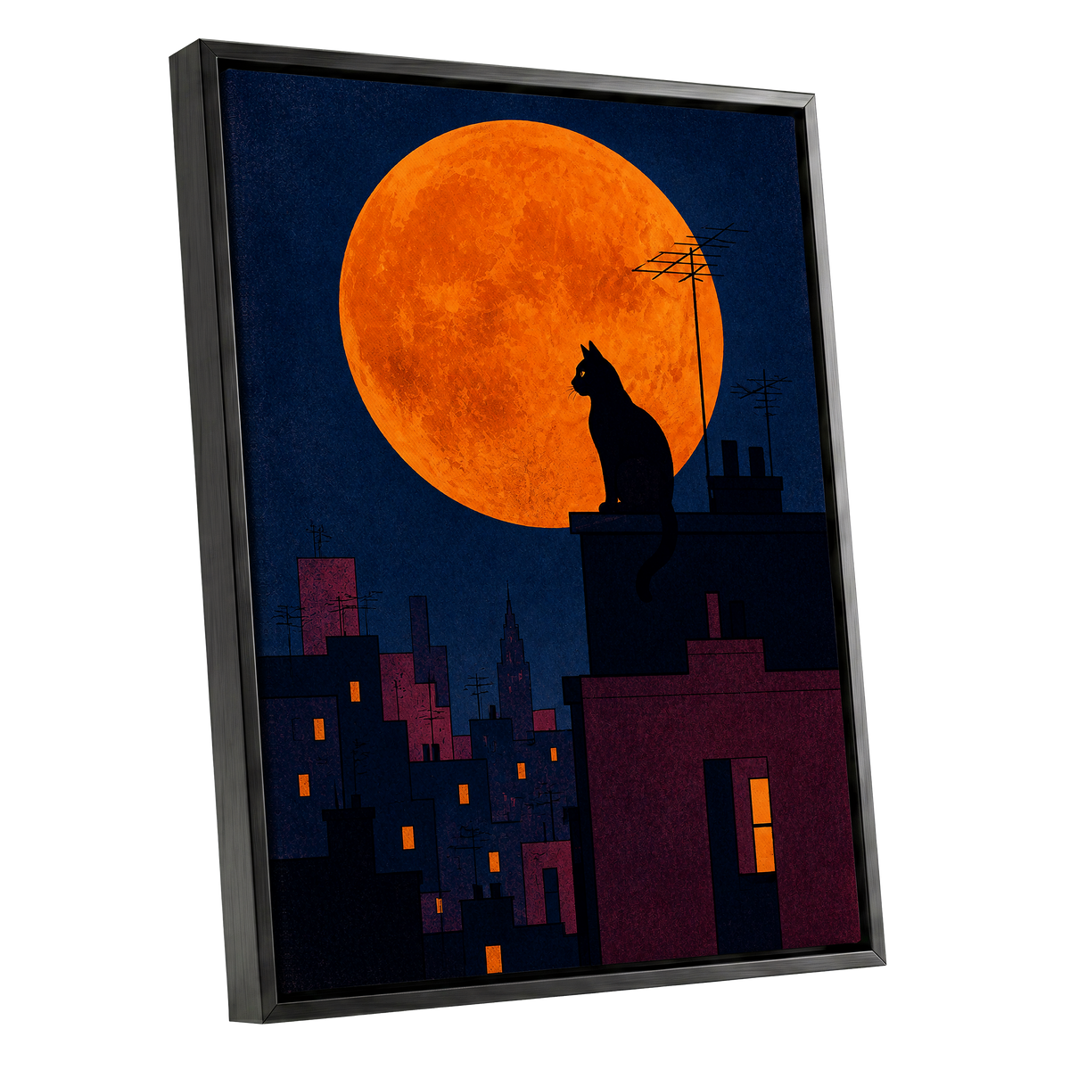 Rooftop Moonwatch, blue, orange, black minimalist wall art shown as a black framed canvas wall art