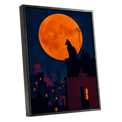 Rooftop Moonwatch, blue, orange, black minimalist wall art shown as a black framed canvas wall art