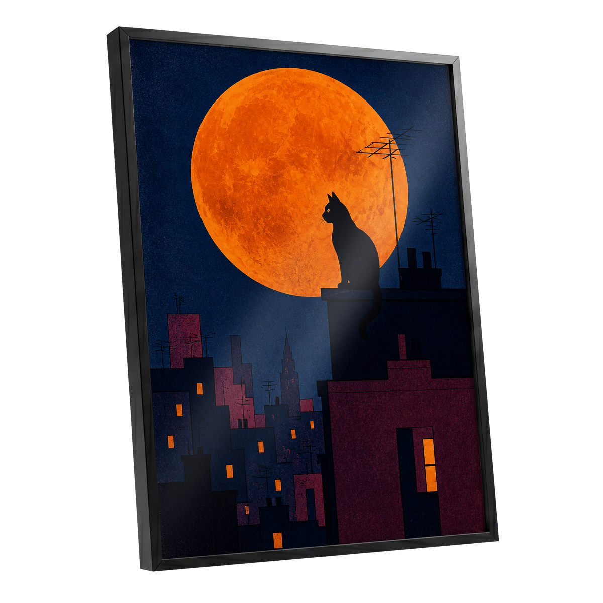Rooftop Moonwatch, blue, orange, black minimalist wall art shown as a black framed poster wall art print