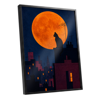 Rooftop Moonwatch, blue, orange, black minimalist wall art shown as a black framed poster wall art print