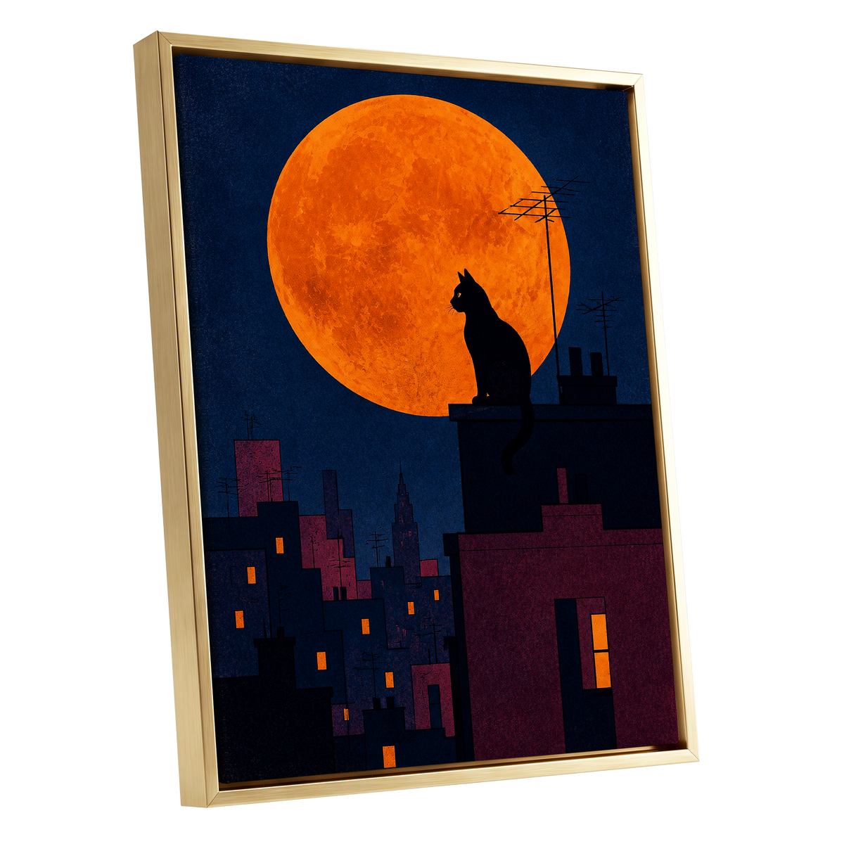 Rooftop Moonwatch, blue, orange, black minimalist wall art shown as a gold framed canvas wall art