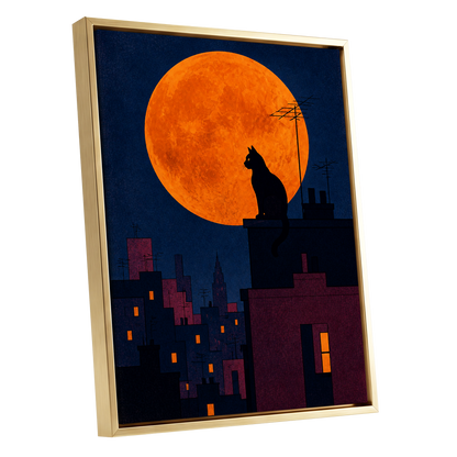 Rooftop Moonwatch, blue, orange, black minimalist wall art shown as a gold framed canvas wall art