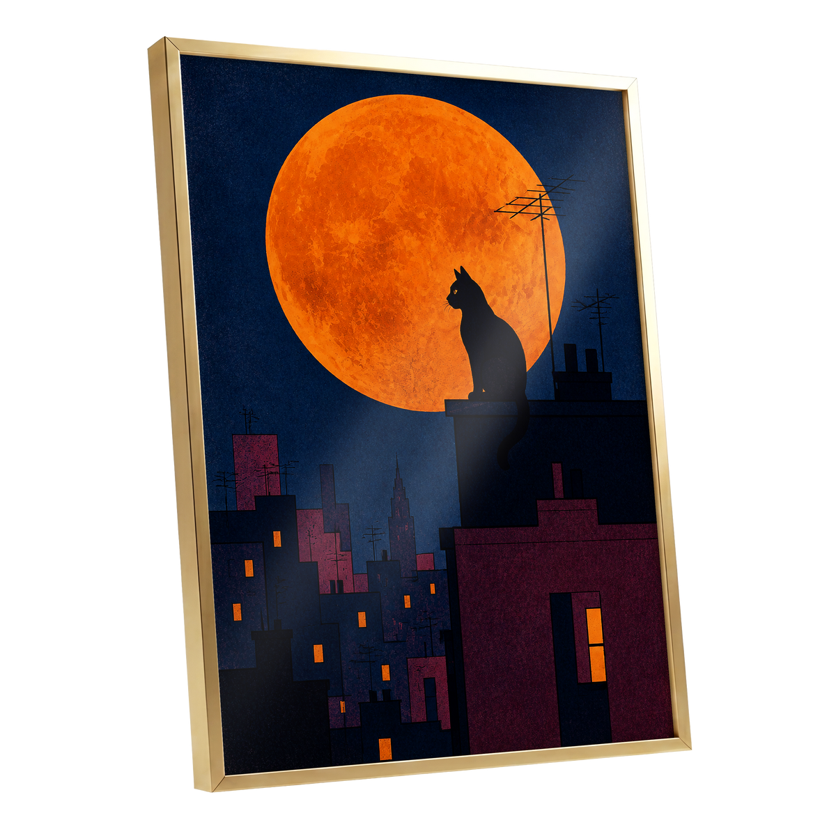 Rooftop Moonwatch, blue, orange, black minimalist wall art shown as a gold framed poster wall art print