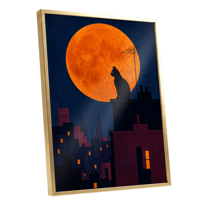 Rooftop Moonwatch, blue, orange, black minimalist wall art shown as a gold framed poster wall art print