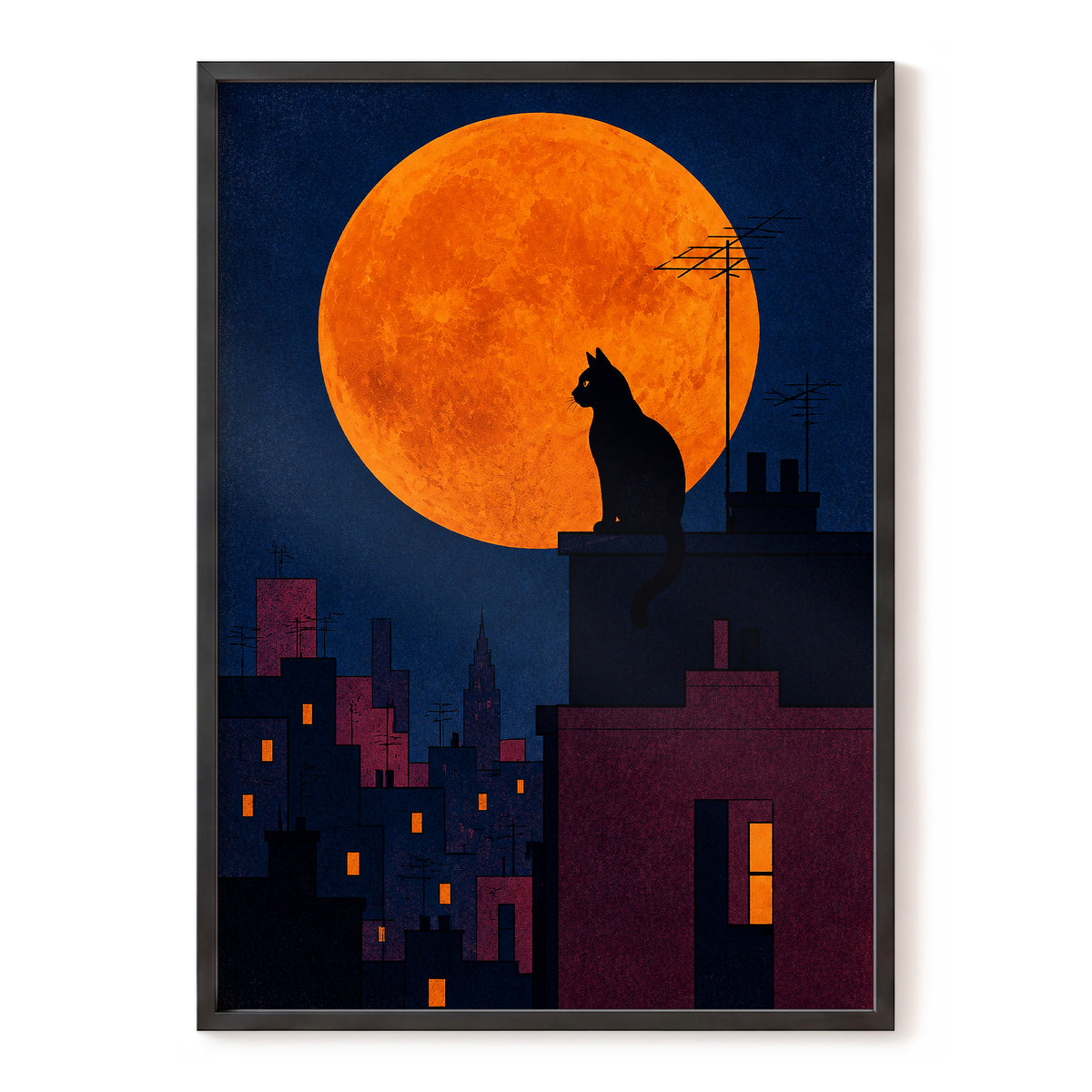 Rooftop Moonwatch, blue, orange, black minimalist wall art, front artwork view