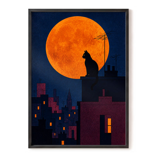 Rooftop Moonwatch, blue, orange, black minimalist wall art, front artwork view