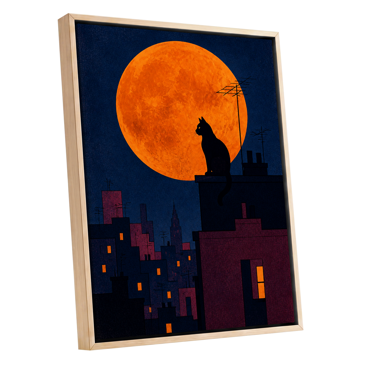 Rooftop Moonwatch, blue, orange, black minimalist wall art shown as a oak framed canvas wall art