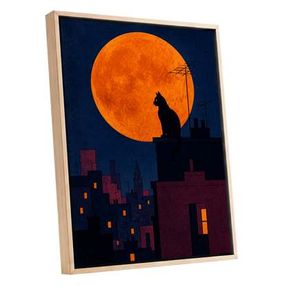 Rooftop Moonwatch, blue, orange, black minimalist wall art shown as a oak framed canvas wall art