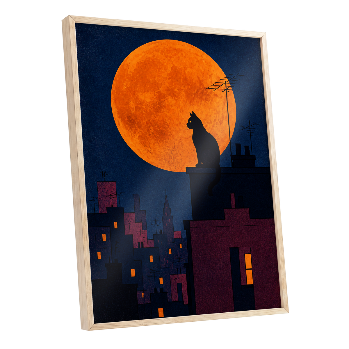 Rooftop Moonwatch, blue, orange, black minimalist wall art shown as a oak framed poster wall art print
