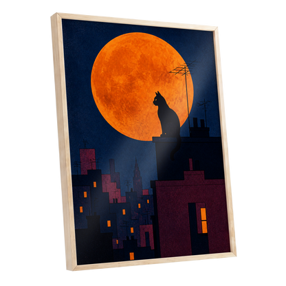 Rooftop Moonwatch, blue, orange, black minimalist wall art shown as a oak framed poster wall art print
