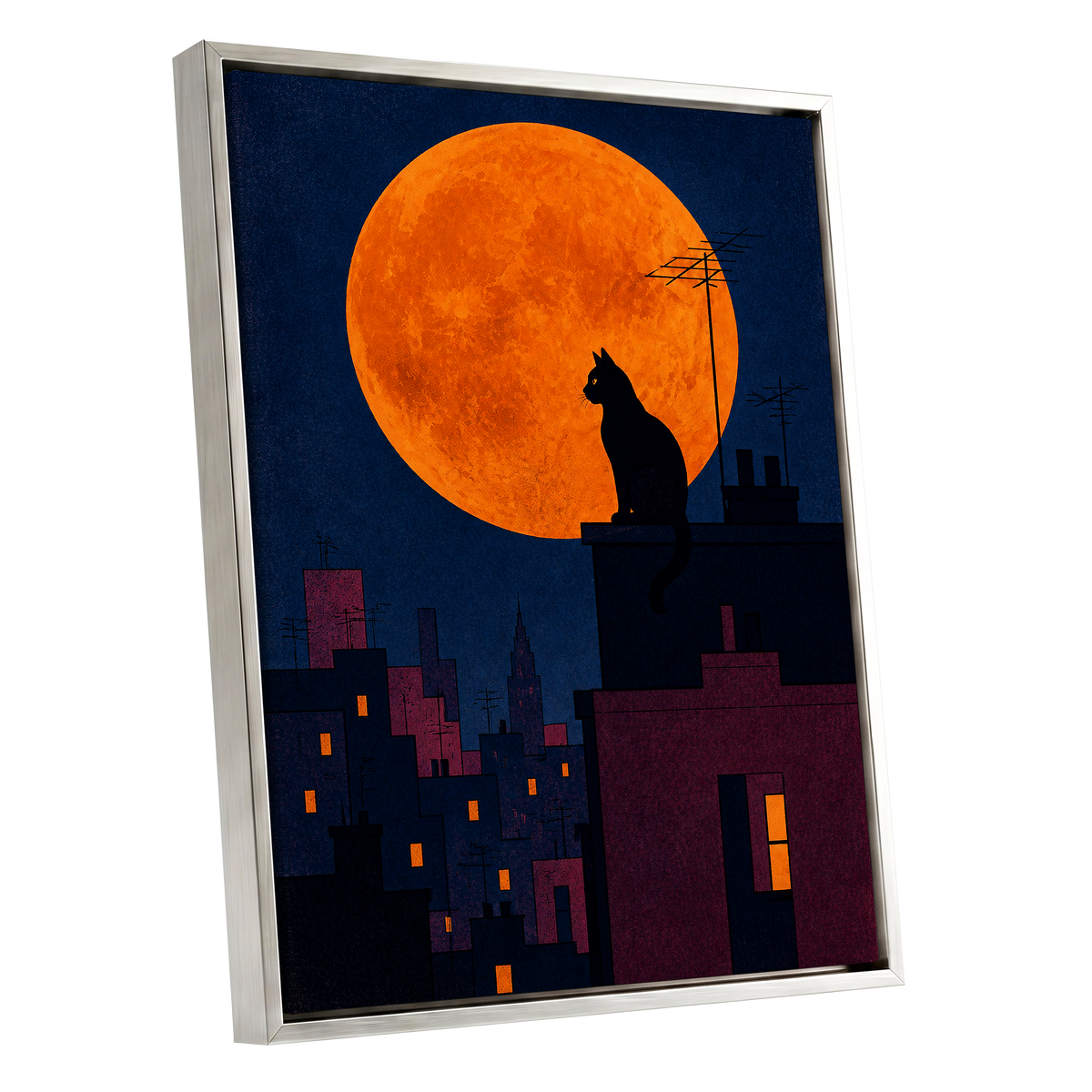 Rooftop Moonwatch, blue, orange, black minimalist wall art shown as a silver framed canvas wall art