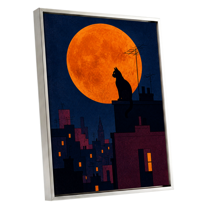 Rooftop Moonwatch, blue, orange, black minimalist wall art shown as a silver framed canvas wall art