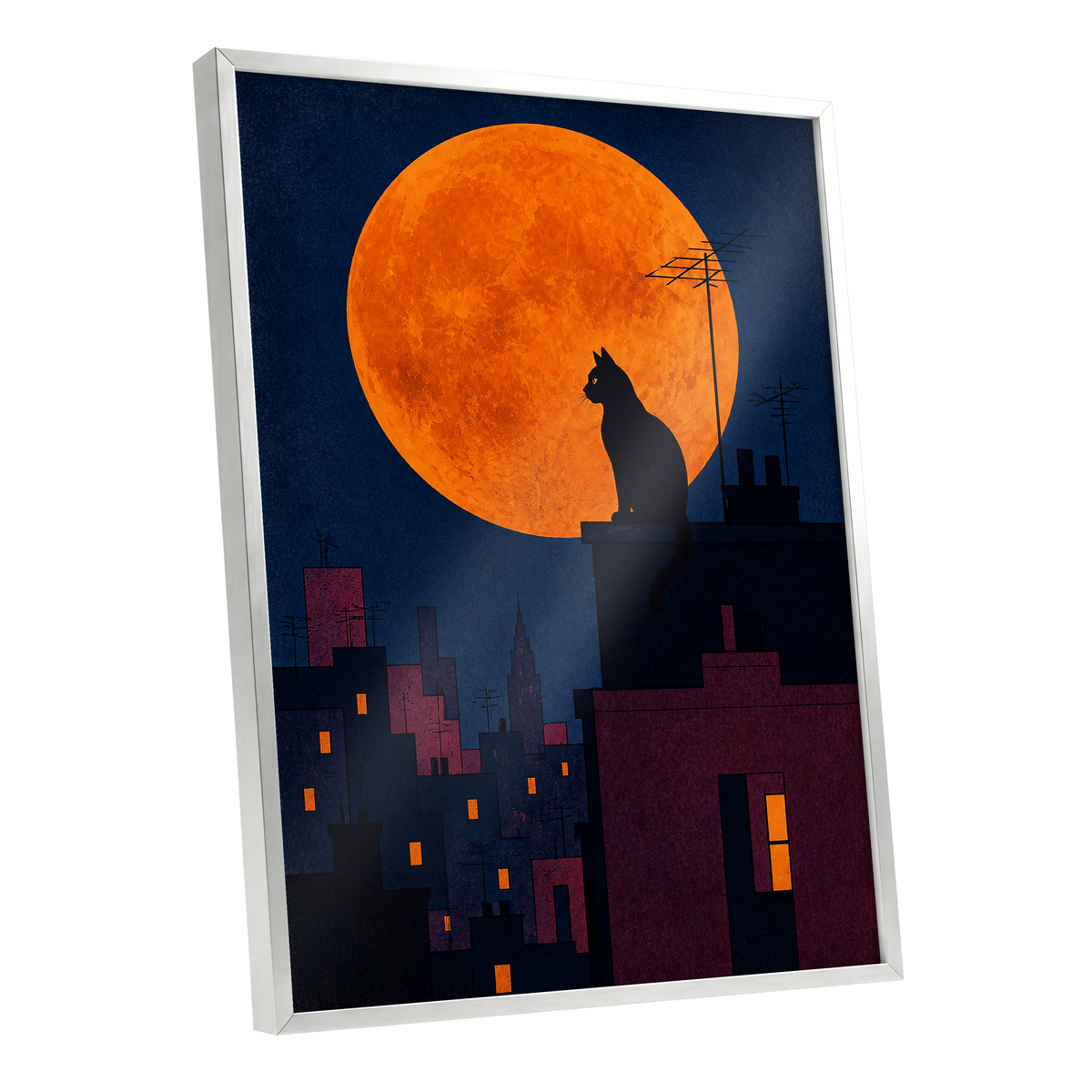 Rooftop Moonwatch, blue, orange, black minimalist wall art shown as a silver framed poster wall art print