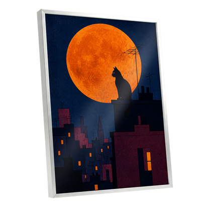 Rooftop Moonwatch, blue, orange, black minimalist wall art shown as a silver framed poster wall art print