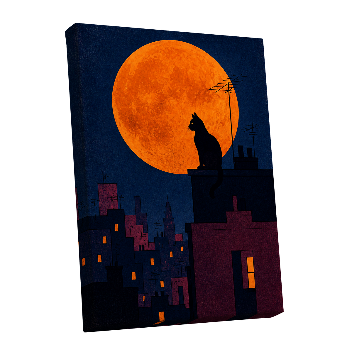 Rooftop Moonwatch, blue, orange, black minimalist wall art shown as a stretched canvas wall art