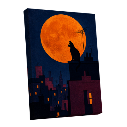Rooftop Moonwatch, blue, orange, black minimalist wall art shown as a stretched canvas wall art