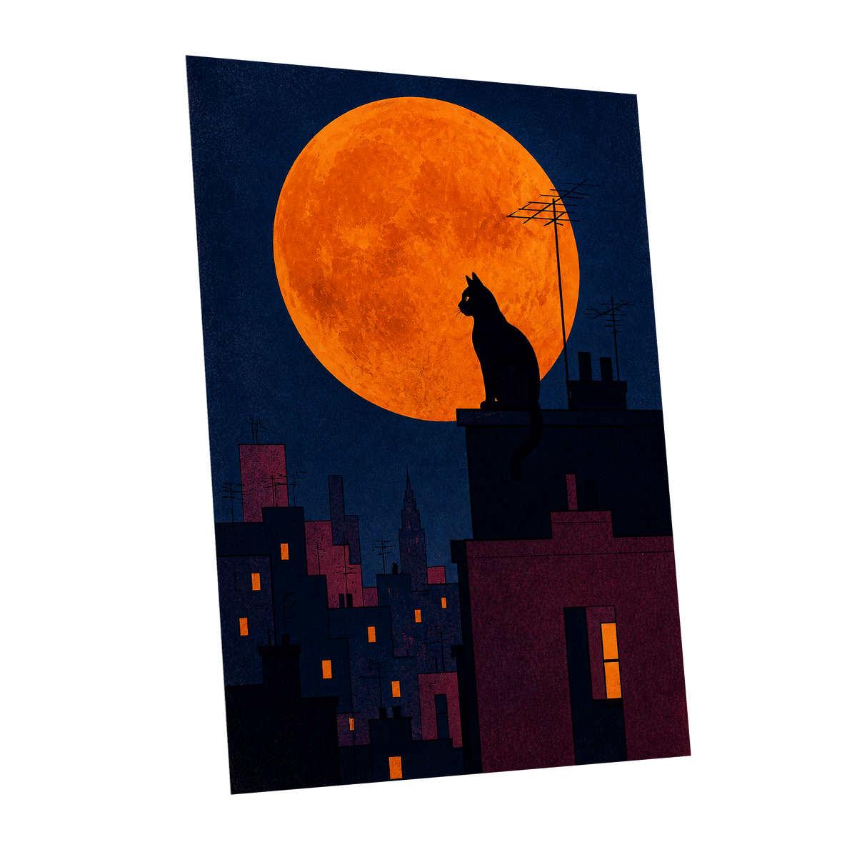 Rooftop Moonwatch, blue, orange, black minimalist wall art shown as a unframed poster wall art print