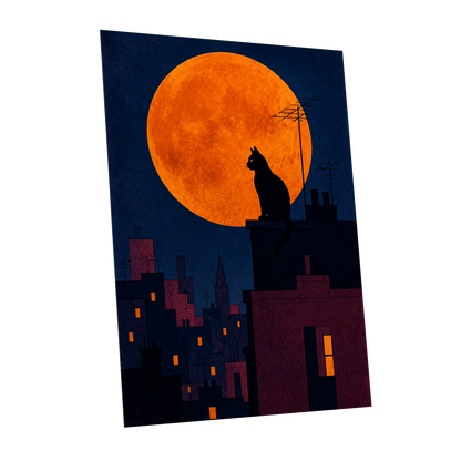 Rooftop Moonwatch, blue, orange, black minimalist wall art shown as a unframed poster wall art print