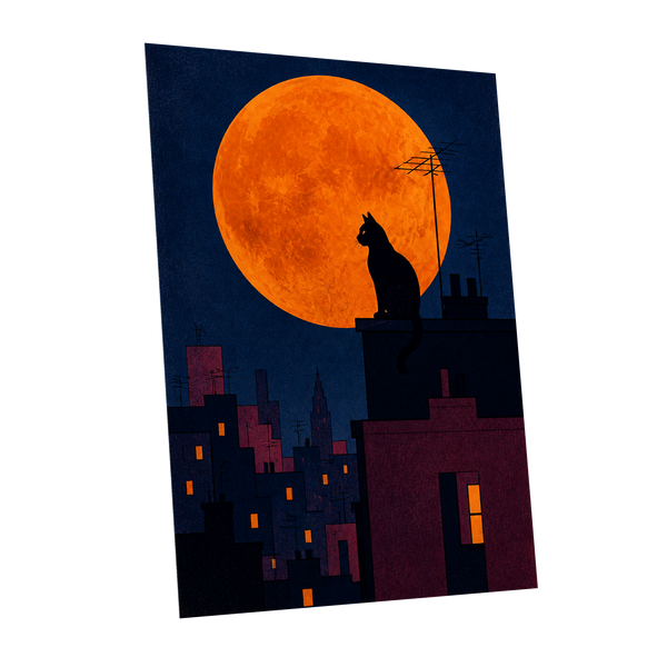 Rooftop Moonwatch, blue, orange, black minimalist wall art shown as a unframed poster wall art print