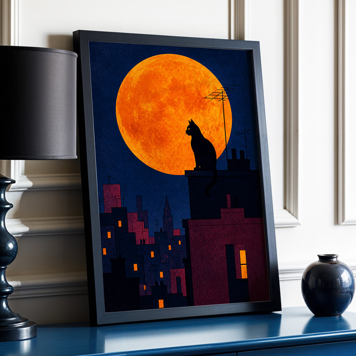 Rooftop Moonwatch, blue, orange, black minimalist wall art displayed in a styled interior, gallery view 2
