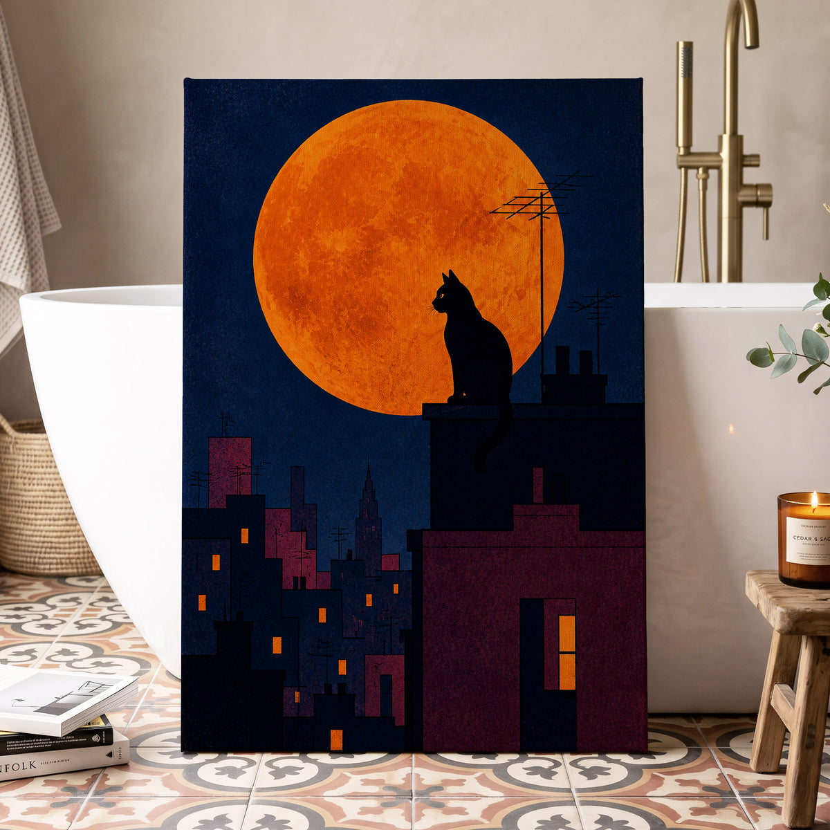 Rooftop Moonwatch, blue, orange, black minimalist wall art displayed in a styled interior, gallery view 3