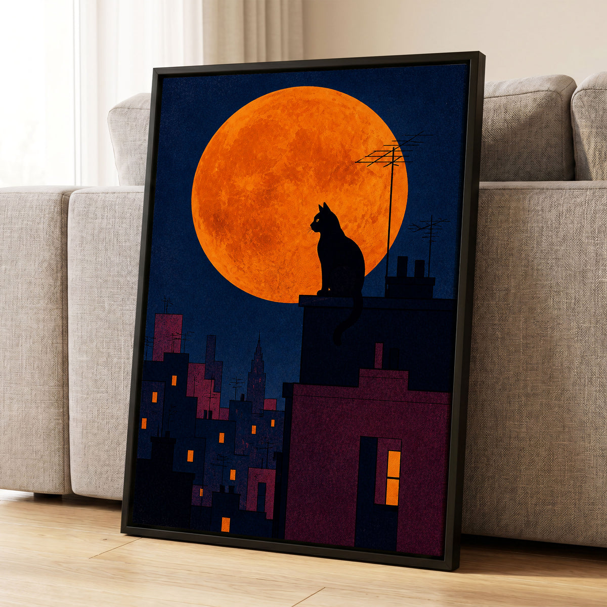 Rooftop Moonwatch, blue, orange, black minimalist wall art displayed in a styled interior, gallery view 4