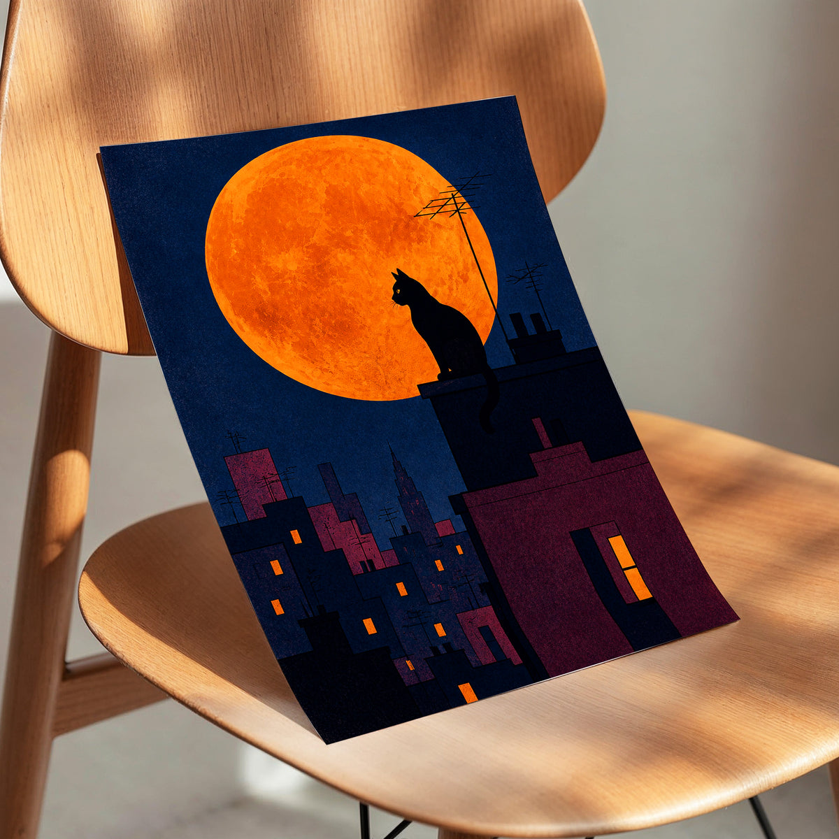 Rooftop Moonwatch, blue, orange, black minimalist wall art displayed in a styled interior, gallery view 5
