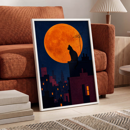 Rooftop Moonwatch, blue, orange, black minimalist wall art displayed in a styled interior, gallery view 6