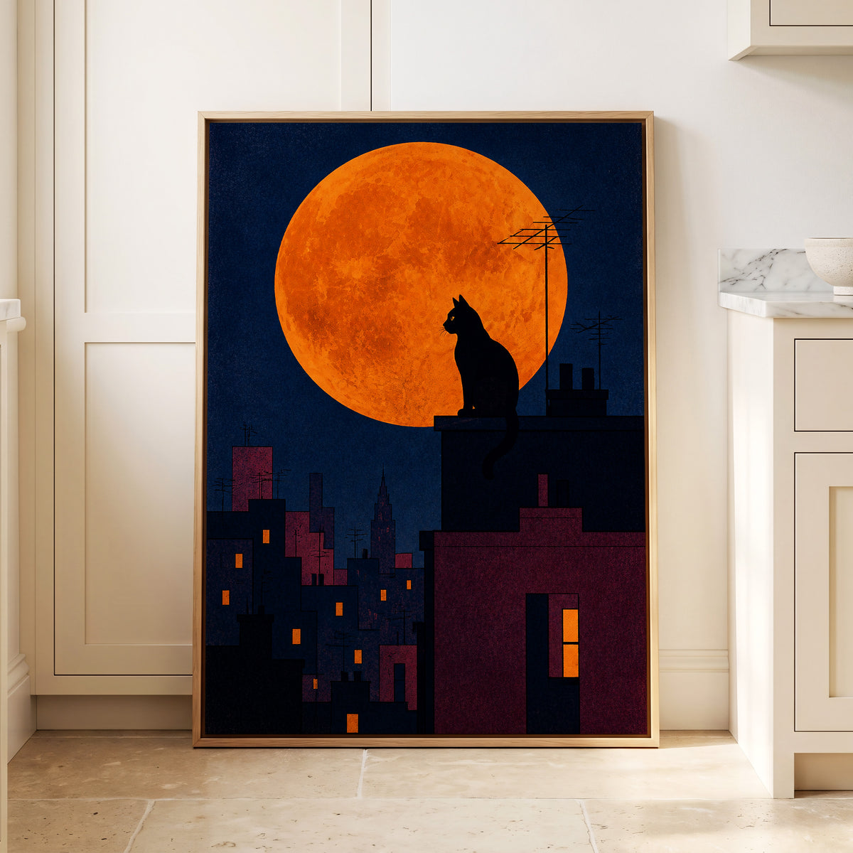 Rooftop Moonwatch, blue, orange, black minimalist wall art displayed in a styled interior, gallery view 8