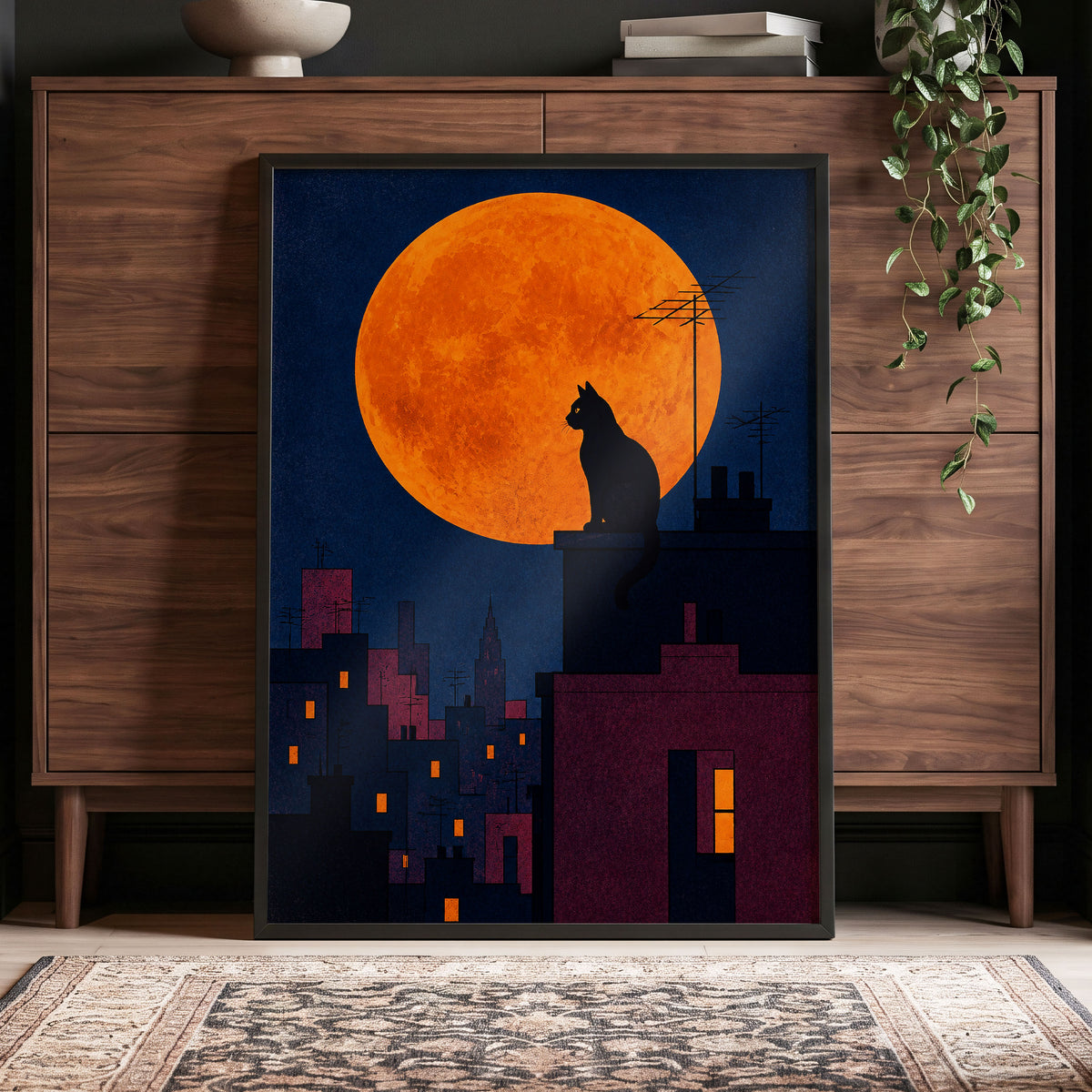 Rooftop Moonwatch, blue, orange, black minimalist wall art displayed in a styled interior, gallery view 9