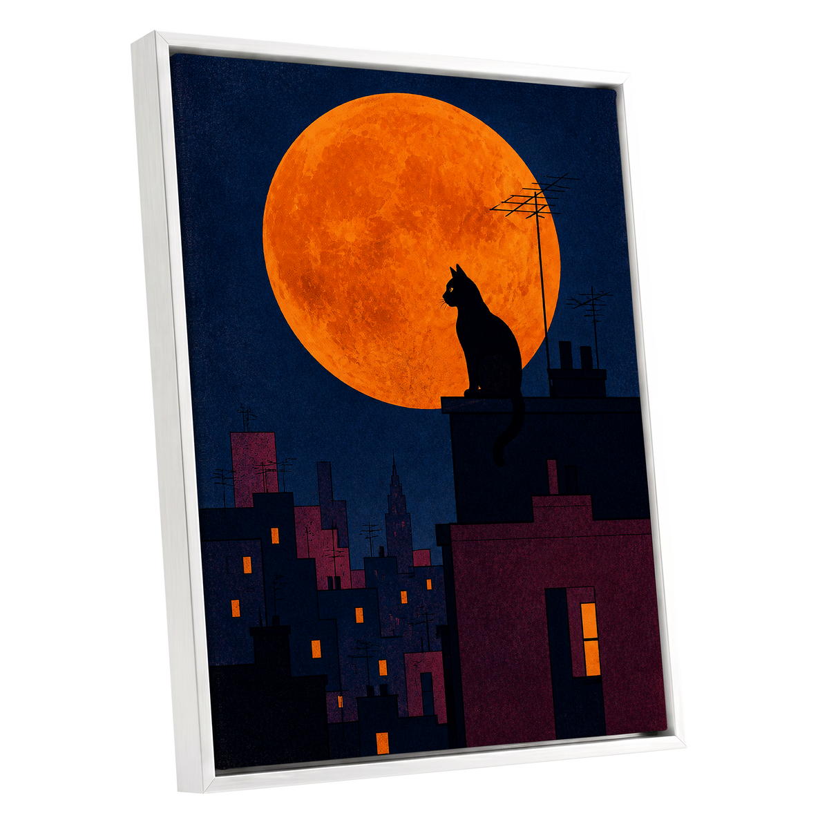 Rooftop Moonwatch, blue, orange, black minimalist wall art shown as a white framed canvas wall art