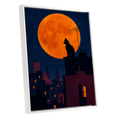 Rooftop Moonwatch, blue, orange, black minimalist wall art shown as a white framed canvas wall art