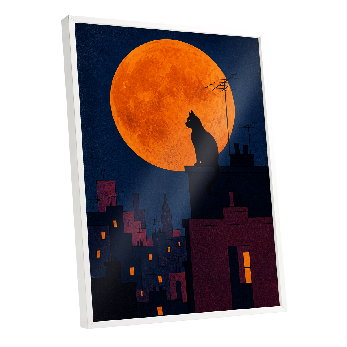 Rooftop Moonwatch, blue, orange, black minimalist wall art shown as a white framed poster wall art print