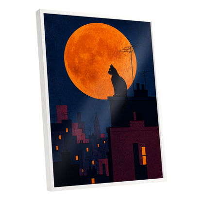 Rooftop Moonwatch, blue, orange, black minimalist wall art shown as a white framed poster wall art print
