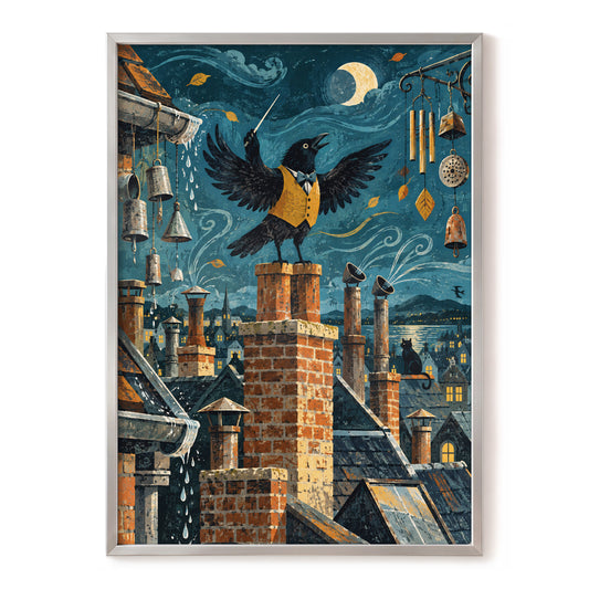 Rooftop Rhapsody, blue, black, orange abstract wall art, front artwork view