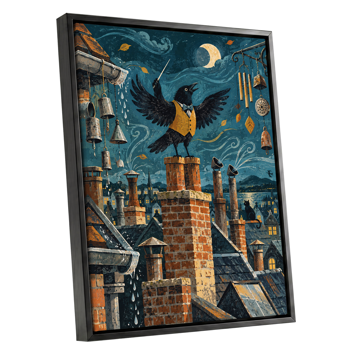 Rooftop Rhapsody, blue, black, orange abstract wall art shown as a black framed canvas wall art