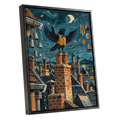 Rooftop Rhapsody, blue, black, orange abstract wall art shown as a black framed canvas wall art