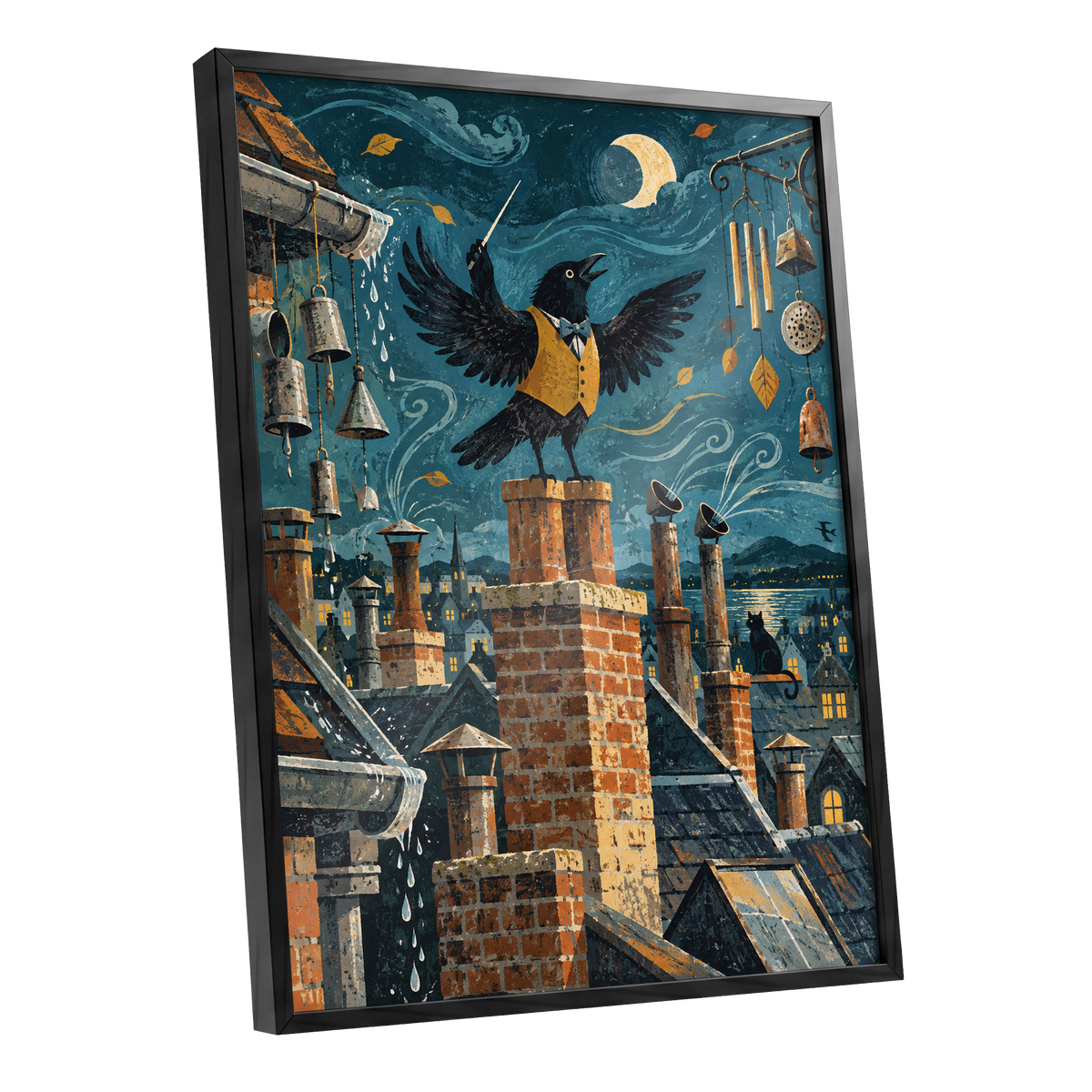 Rooftop Rhapsody, blue, black, orange abstract wall art shown as a black framed poster wall art print