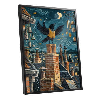 Rooftop Rhapsody, blue, black, orange abstract wall art shown as a black framed poster wall art print