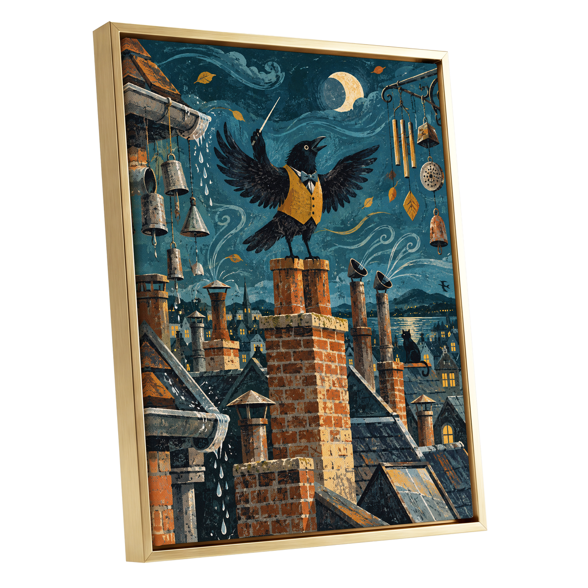 Rooftop Rhapsody, blue, black, orange abstract wall art shown as a gold framed canvas wall art