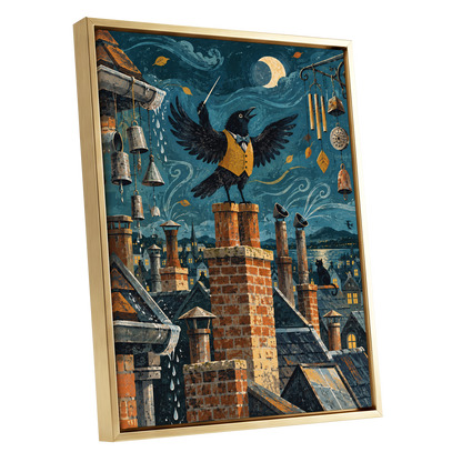 Rooftop Rhapsody, blue, black, orange abstract wall art shown as a gold framed canvas wall art
